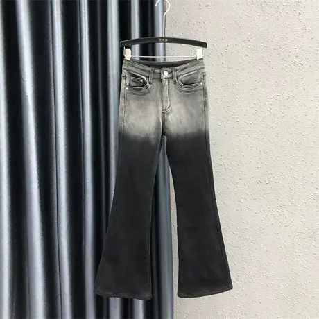 欧货辣妹风微喇裤女23秋冬新款渐变色高腰百搭加绒加厚牛仔长裤潮图片