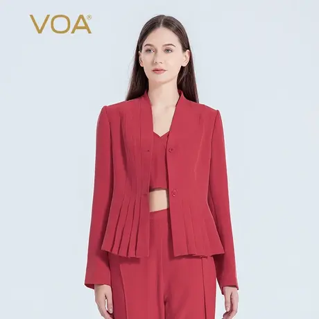 VOA重磅真丝30姆米梦想红V领单排扣砂洗工艺下摆褶皱设计长袖外套商品大图