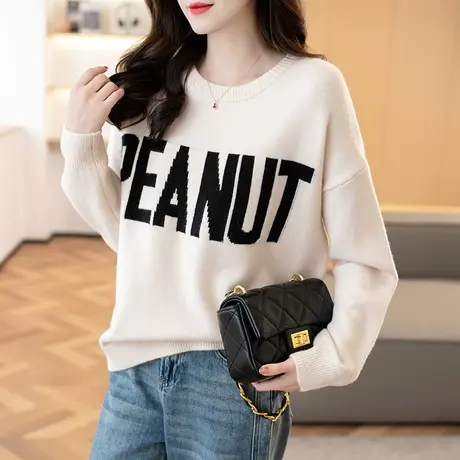 23138新款韩版宽松圆领字母纯色长袖针织衫女百搭毛衣上衣打底图片