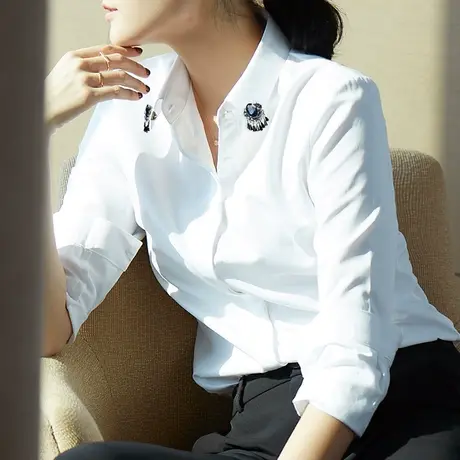 可拆卸领花甜美衬衫女式秋装新款女长袖白色女方领打底衫学院衬衣商品大图