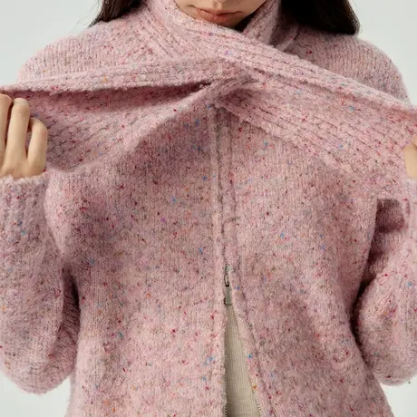 omont蛋挞家 围巾领针织开衫女冬季新款别致慵懒短款毛衣外套商品大图