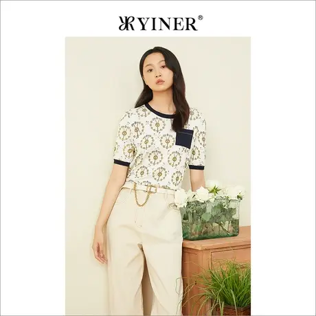 YINER音儿专柜女装2022夏季新款印花撞色短袖圆领针织衫商品大图