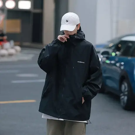 潮牌宽松百搭纯色连帽冲锋衣男春季外套港风运动开衫休闲夹克衣服商品大图