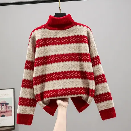 2023秋季条纹毛衣女新款韩版宽松长袖针织衫套头厚款打底高领上衣商品大图