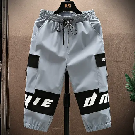 夏季七分裤男工装潮流撞色宽松休闲裤潮牌运动裤子男冰丝男士短裤商品大图