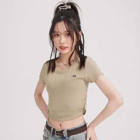 尔给夏季修身显瘦收腰小个子显高高腰短款打底上衣女夏短袖t恤图片