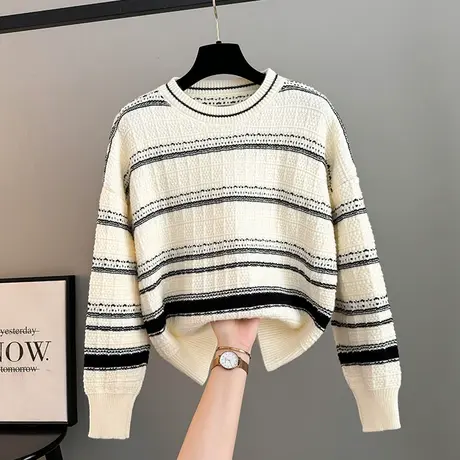 慵懒风撞色条纹圆领套头毛衣女秋冬休闲款式减龄短款针织衫上衣厚图片