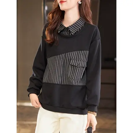 宝诗黎衬衫领拼接条纹假两件加绒卫衣女棉质宽松长袖上衣2024早春商品大图