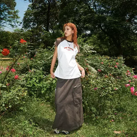 YEP插肩袖正肩T恤女短袖夏装2025年新款拼接复古半袖宽松垫肩上衣商品大图