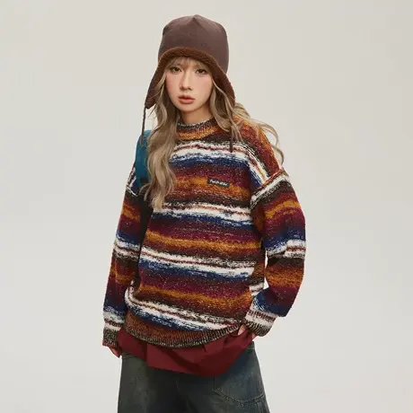 潮牌慵懒风条纹毛衣女秋冬2023年新款复古套头针织衫宽松无帽上衣图片