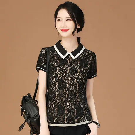 韩潮袭人娃娃领短袖镂空雪纺蕾丝衫女2024夏新款宽松百搭T恤上衣图片