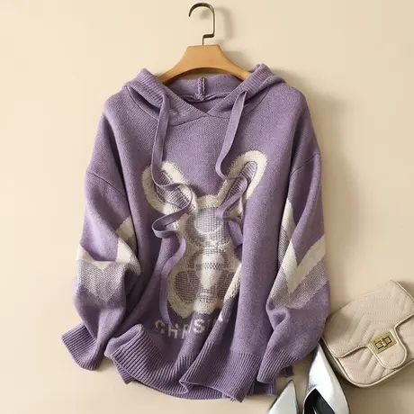 春装新款连帽套头针织衫长袖卫衣女韩版宽松外穿休闲简约毛衣女图片