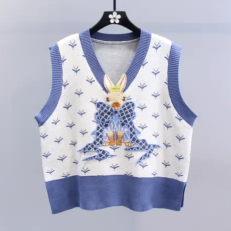 卡通刺绣V领针织马甲女秋冬2023新款宽松学院风洋气无袖毛衣背心图片