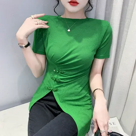 欧货不规则下摆开叉短袖上衣女收腰百搭t恤设计感2024性感小衫ins商品大图