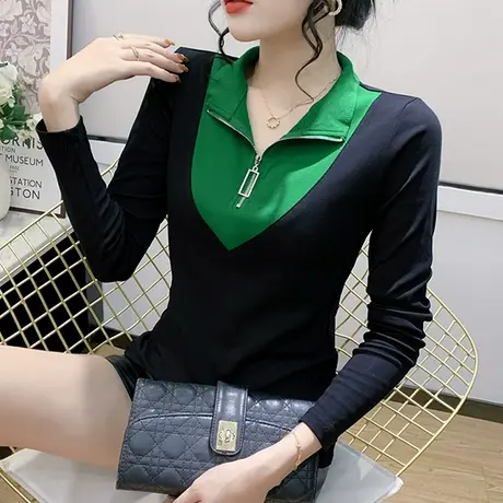 时尚撞色拉链长袖T恤女士欧货设计感小众洋气上衣修身百搭打底衫商品大图