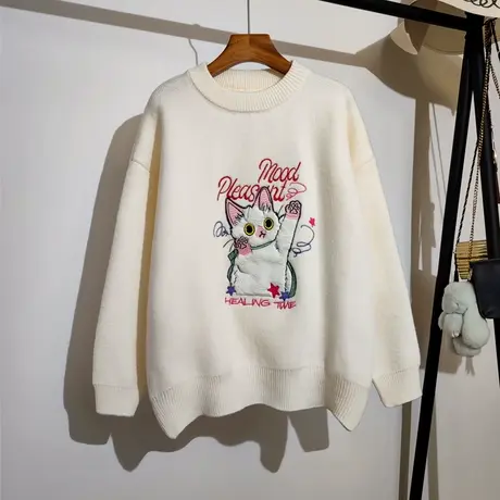 2023秋冬新款毛衣女甜美可爱猫咪刺绣宽松学院慵懒风针织上衣外穿图片