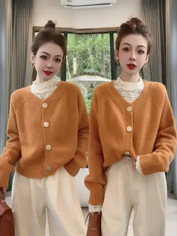 秋季新款韩版温柔风气质纯色毛衣开衫蕾丝打底衫两件套装短款上衣商品大图