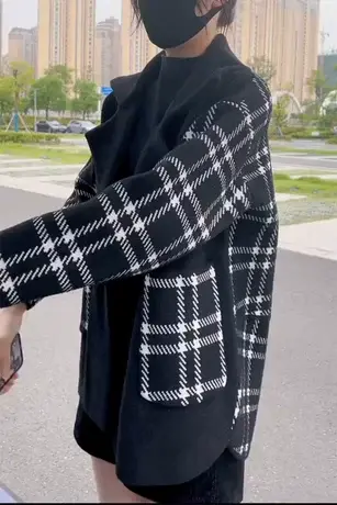 格子针织外套冬短款小个子2023春秋新款加厚西装领毛呢子大衣洋气图片