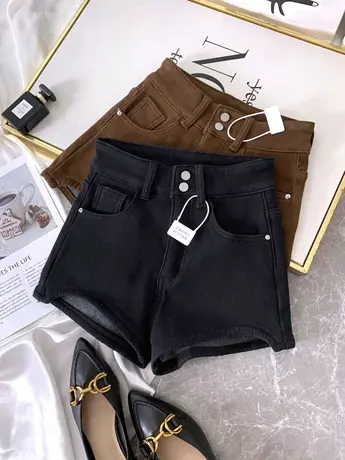 两粒扣加绒牛仔短裤女2024秋冬新款韩版高腰弹力阔腿裤百搭a字裤商品大图