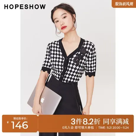 红袖outlets棋盘格针织开衫hopeshow2023夏季新款女装玩偶V领上衣商品大图