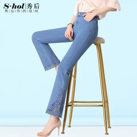 高腰镂空绣花微喇叭牛仔裤女夏季薄款2023新款加长裤子高个子女裤商品大图