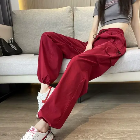 美式速干工装裤女夏季薄款冰丝高腰宽松抽绳束脚运动休闲阔腿裤子图片