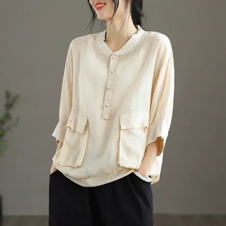 dza 亚麻短袖女士衬衫2022夏季新款宽松棉麻上衣气质薄款漂亮衬衣图片