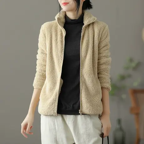 dza 复古羊羔绒宽松短款外套女秋冬新款休闲长袖上衣立领大码夹克图片