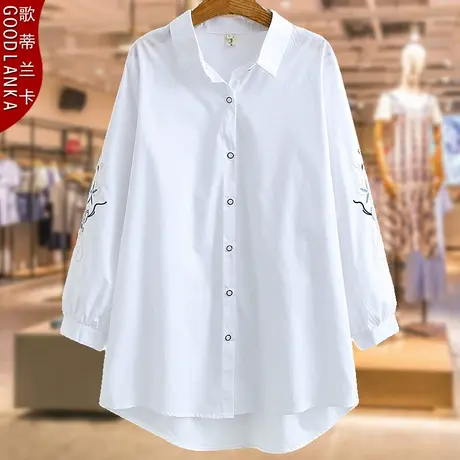 加肥加大码妈妈秋装中长款上衣200斤宽松显瘦中年女士长袖白衬衫商品大图