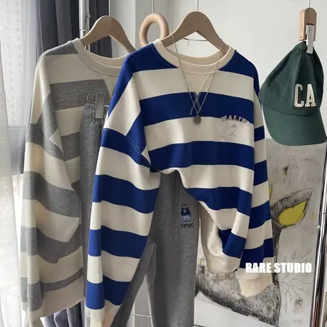 2022春秋新款条纹刺绣复古校园慵懒风洋气休闲显瘦套头宽松卫衣女商品大图