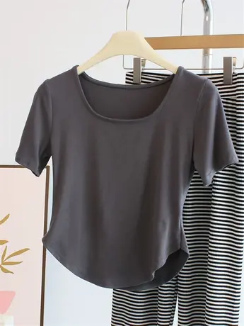 法式甜辣方领短款短袖t恤女2023新款小众设计感辣妹纯欲修身上衣商品大图