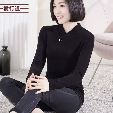 V领纯色长袖女T恤2024新款女装上衣简约打底衫妈妈装大码外穿春装商品大图