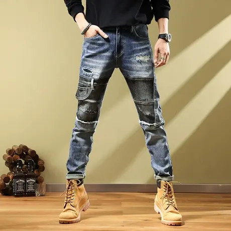 美式复古高街潮牌痞帅破洞牛仔裤男士休闲百搭直筒修身乞丐长裤子商品大图