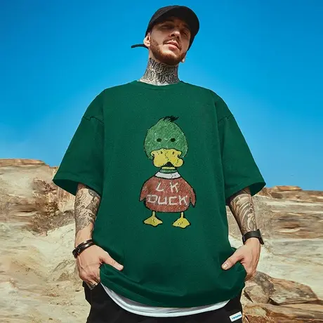 美式街头高街复古ins短袖男宽松潮流恶搞鸭子t恤大码加肥加大半袖商品大图