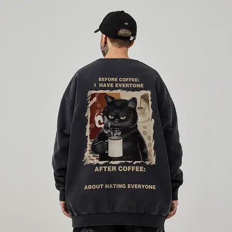 美式复古趣味卡通嘻哈大码圆领卫衣男装纯棉重磅水洗做旧加绒春秋图片