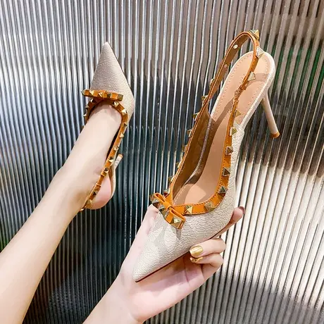 一字扣带铆钉高跟鞋女细跟2024年夏季新款时尚百搭仙女风尖头单鞋商品大图