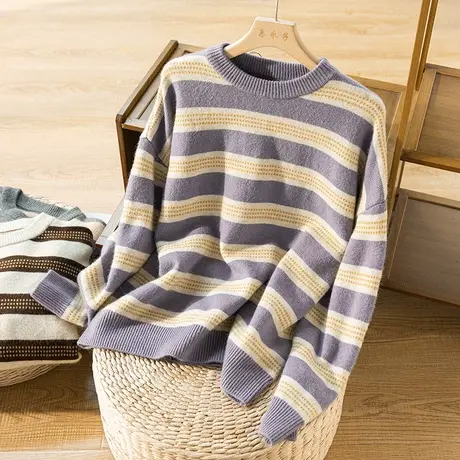 享永子条纹套头针织衫女文艺复古宽松显瘦毛衣外套女秋冬2022新款商品大图