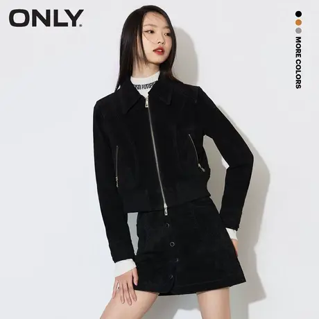 ONLY奥莱时尚短款螺纹拼接下摆收腰夹克皮衣女商品大图