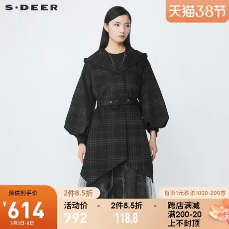 sdeer圣迪奥2021冬装新品连帽撞色格纹收腰宽松毛呢大衣S21461703🔞图片