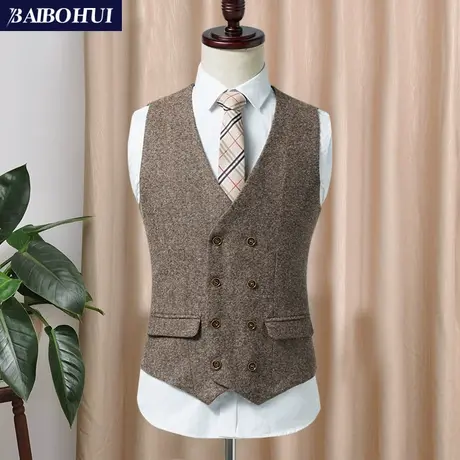 春秋新款休闲西装马甲男士双排扣韩版修身马夹英伦复古背心坎肩潮商品大图