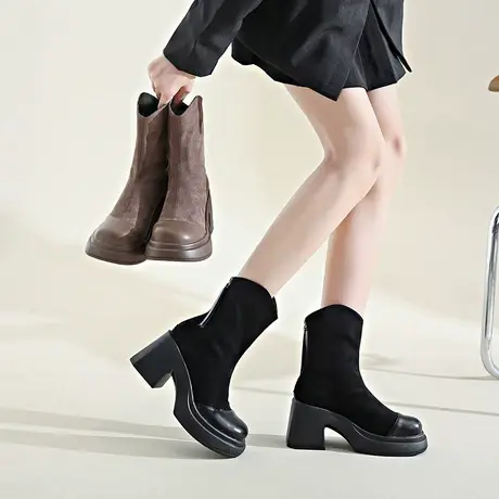 靴子女2023秋冬新款法式高级设计感v口小短靴显瘦高跟粗跟弹力靴商品大图