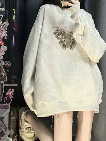 下衣失踪中长款花灰色加绒加厚卫衣女2023秋冬季新款爆款宽松圆领图片