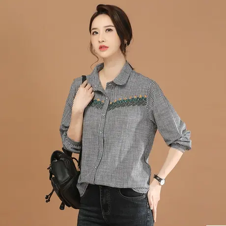 韩潮袭人POLO领刺绣格纹衬衣2024春季新款女士衬衫设计感小众图片