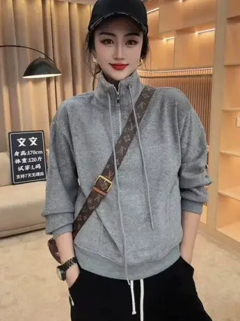 秋冬新款拉链加绒加厚立领卫衣女宽松显瘦上衣抽绳百搭打底衫外穿商品大图