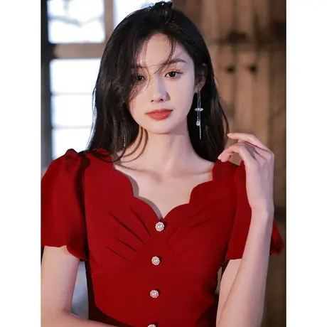 敬酒服新娘夏季红色结婚订婚礼服连衣裙回门便装平时可穿简约V领商品大图