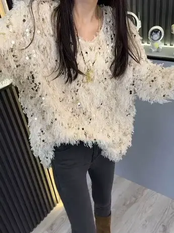 亮片高级感气质针织衫女冬季圆领套头毛衣打底衫内搭别致法式上衣商品大图