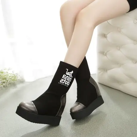 秋冬季新款女靴子中筒高筒靴厚底内增高马丁靴瘦腿弹力靴长靴子图片