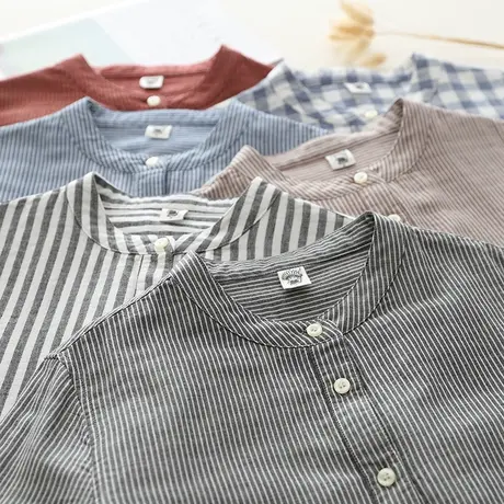 春秋季韩版文艺双层纱纯棉中长款格子条纹衬衫女宽松百搭立领上衣图片