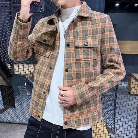 复古时尚小香风格子外套男士春秋季韩版休闲潮流夹克翻领帅气褂子商品大图