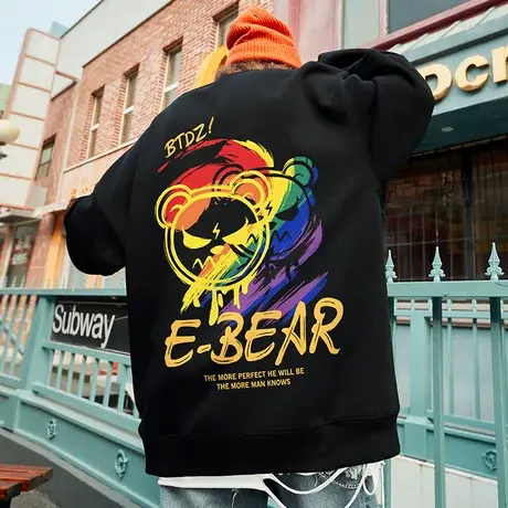 ins潮牌涂鸦愤怒小熊圆领卫衣男国潮流日系街头大码嘻哈情侣外套商品大图